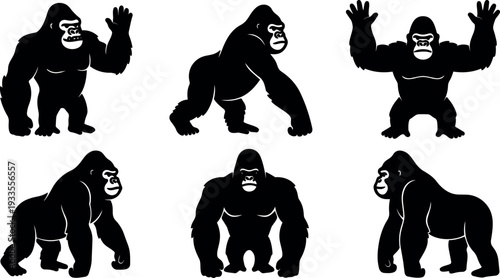 Silhouette vector set of six gorilla poses including waving front side and three quarter views strong muscular stance isolated black