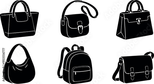 Flat design set of six handbag silhouettes showing tote shoulder bag hobo satchel backpack messenger and structured top handle icons