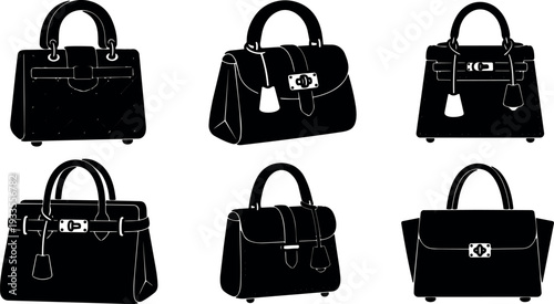 Minimalist vector handbag set six silhouette top handle purse icons flat design arranged grid high contrast black white studio layout