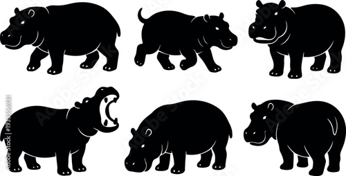 Silhouette flat design six hippo poses set close up side and front views playful and calm monochrome vector animal collection