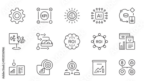Business analytics and AI icons collection in line style.