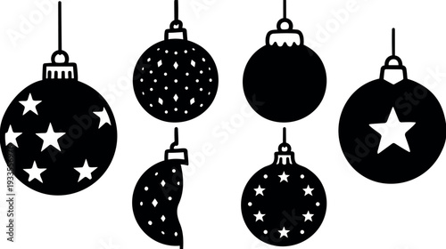 Minimalist vector christmas ornaments hanging close up star patterned baubles crescent shape silhouette black and white flat design six pieces