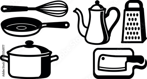 Flat design kitchen utensil set frying pan whisk coffee pot grater stockpot cutting board cleaver overhead view black minimalist