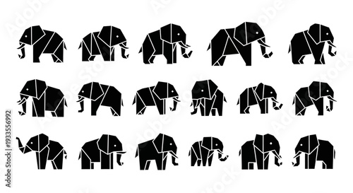 Collection of elephant silhouettes in various poses and sizes arranged in a grid pattern