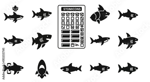 Various black silhouettes of sharks and fish surrounding a calculator on a white background from a direct viewpoint