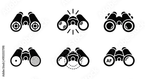 A collection of binoculars icons in various styles and designs on a plain background from a straightforward viewpoint