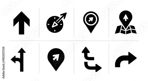 A set of navigation icons displayed on a grid, showcasing various directional symbols and maps from a straightforward view.
