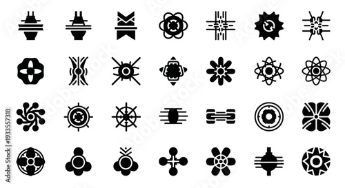 Collection of abstract black graphic symbols and icons displayed in a grid arrangement on a plain background from a direct viewpoint