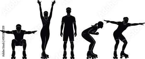 Roller skating people silhouette vector illustration, active lifestyle concept, sports training poses, fitness balance movement, outdoor recreation design, healthy exercise activity
