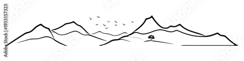 Minimalistic vector illustration of a mountain range, imitation pencil drawing, birds and tree, isolated on white background