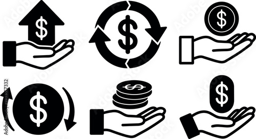 Flat design black money hand icons showing holding offering and stacking coins for finance app interface and business presentation clean