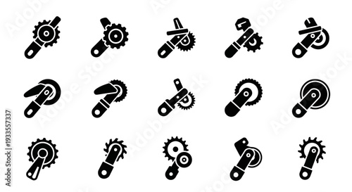 A collection of mechanical icons featuring gears, keys, and other machinery parts in black and white illustrations.