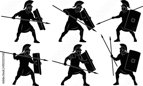 Roman soldier silhouette vector icons set, ancient warrior illustration for history, battle, armor, military tactics, and educational design use