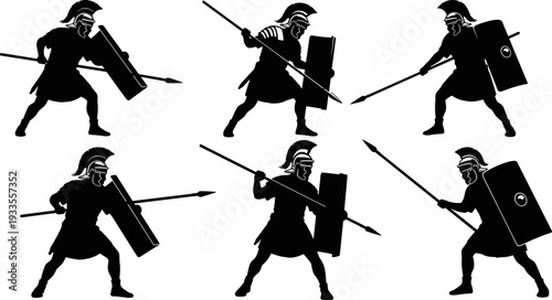 Roman soldier silhouette vector icons set, ancient warrior illustration for history, battle, armor, military tactics, defense, and design use