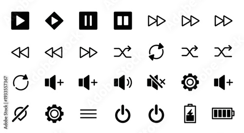 A collection of multimedia control icons displayed on a clean interface showcasing various playback and settings symbols from a straightforward viewpoint