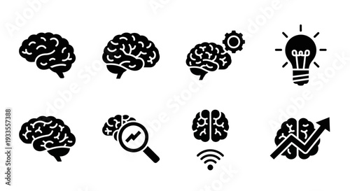 Collection of brain icons representing cognition and ideas in a modern digital context