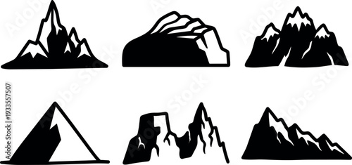 Flat design mountain icon set with six black silhouette peaks in varied shapes close up minimal vector collection landscape isolated
