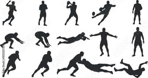 Rugby player silhouette icon set, black athletic action poses collection, tackling running and kicking movements, team sport symbols, clean flat vector illustration isolated