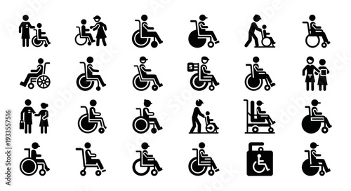 People with disabilities navigating various environments and using mobility aids in a collection of simple graphics