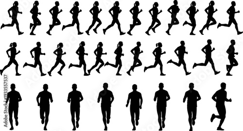 Running and Jogging People Black Silhouettes Set, Male and Female Athletes Vector Illustration, Runners in Various Poses, Fitness and Sport Graphic