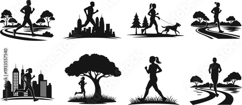Running and jogging silhouette icon set showing men and women exercising outdoors, urban and nature scenes, fitness lifestyle, active people, black vector illustration isolated