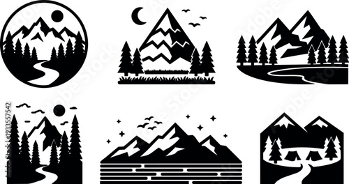 Flat design mountain and forest icon set showing winding river campsite moon and pine trees in minimalist silhouette landscape badge