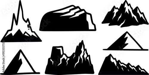 Flat design black mountain and peak icon set eight silhouettes in varied angles simple bold vector isolated layout minimal style