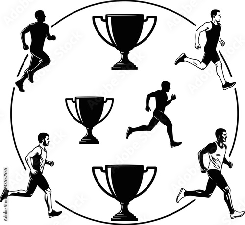 Running Men Silhouettes Circle, Athletic Trophy Award Design, Marathon Runners in Motion, Sport Competition Achievement, Black and White Vector Emblem, Fitness and Success