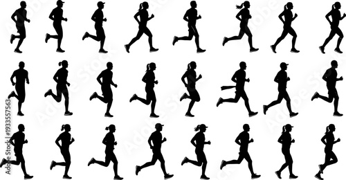 Running people silhouette icon set, male and female runners in motion poses for fitness, jogging, sport training vector illustration collection isolated design