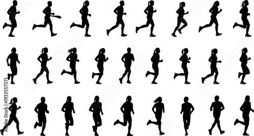 Running people silhouettes collection, men and women jogging in multiple motion poses, fitness training and endurance activity, black vector illustration set for sport, health, lifestyle design