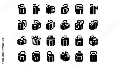Collection of various black monochrome icons representing different types of luggage and travel bags on a plain background from a straightforward viewpoint