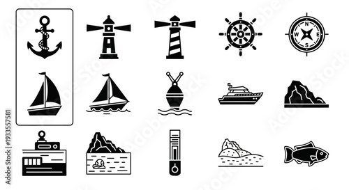 Collection of nautical symbols and icons representing sailing and navigation elements in a monochrome style