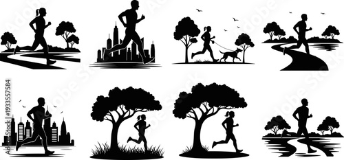 Running silhouettes collection featuring joggers in city and nature landscapes, fitness training and healthy lifestyle concept, outdoor sport activity, black vector illustration isolated