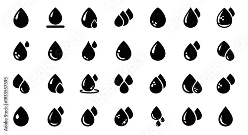 Collection of various droplet icons in different shapes and forms on a plain background
