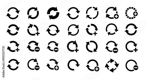 A collection of 28 distinct black arrow icons arranged in a grid pattern on a plain background