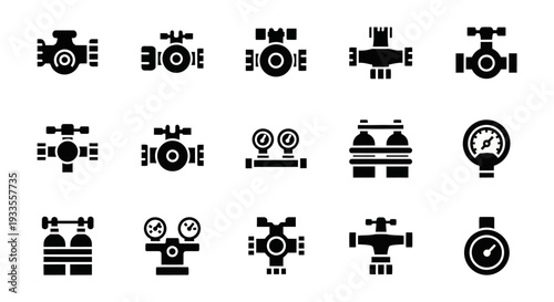 Collection of black icons representing technology and industry on a plain background from a straightforward viewpoint