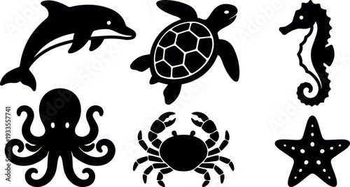 Flat design black sea creature silhouettes six icons dolphin turtle octopus crab seahorse starfish arranged in horizontal layout vector minimal