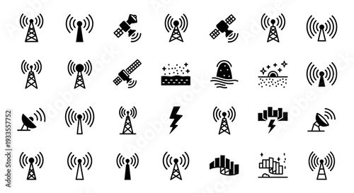 Collection of Telecommunication Towers and Signals Representing Modern Communication Infrastructure and Technology in a Grid Layout