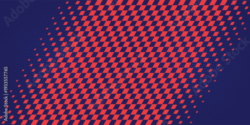 A vibrant graphic design featuring a pattern of small red squares on a dark blue background