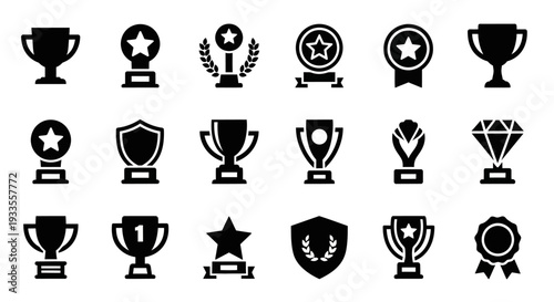 Collection of various trophy and award icons displayed in a grid layout on a plain background from a straightforward viewpoint