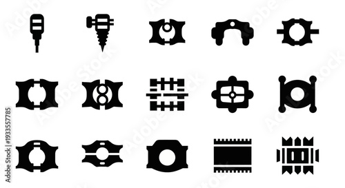 Collection of black technical icons representing various mechanical and electronic components displayed on a clean white background