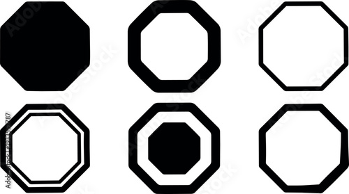 Flat design geometric octagon frame set close up black white vector icons varied stroke weights inner shapes minimal bold lines