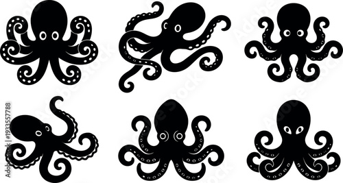 Flat design vector octopus set six playful silhouettes varied tentacle poses simple black sea creatures isolated icons coastal nautical decorative