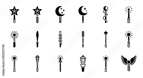 Collection of magical wands with celestial symbols and mystical elements in a grid layout on a white background viewed from directly above