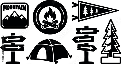 Flat design camping icons set close up tent and campfire with directional signs pine tree pennant and mountain badge silhouette
