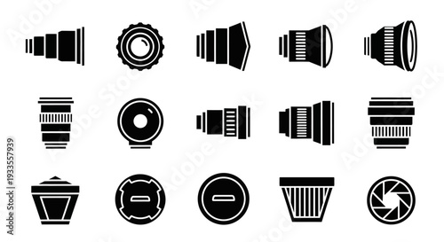 Collection of camera lens icons in various styles and designs