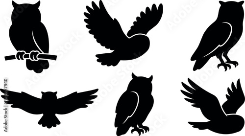 Flat silhouette owl icon set six poses perched flying side view three quarter view branch close up minimal dusk mood