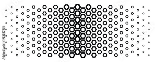 A visually striking black and white illustration of a honeycomb pattern with varying densities of hexagons