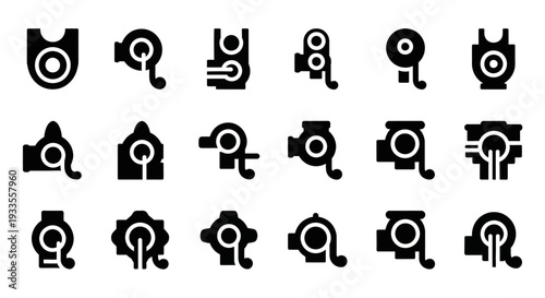 Collection of abstract icons representing various concepts in a grid layout, black silhouettes on a clean background, icons, symbols, modern, design, elements