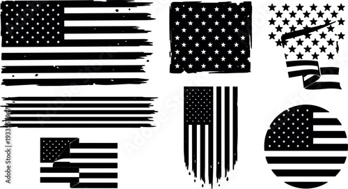 Grunge vector american flag variations set distressed stars stripes torn ribbon circular badge vertical drips peeled corner black silhouette icons